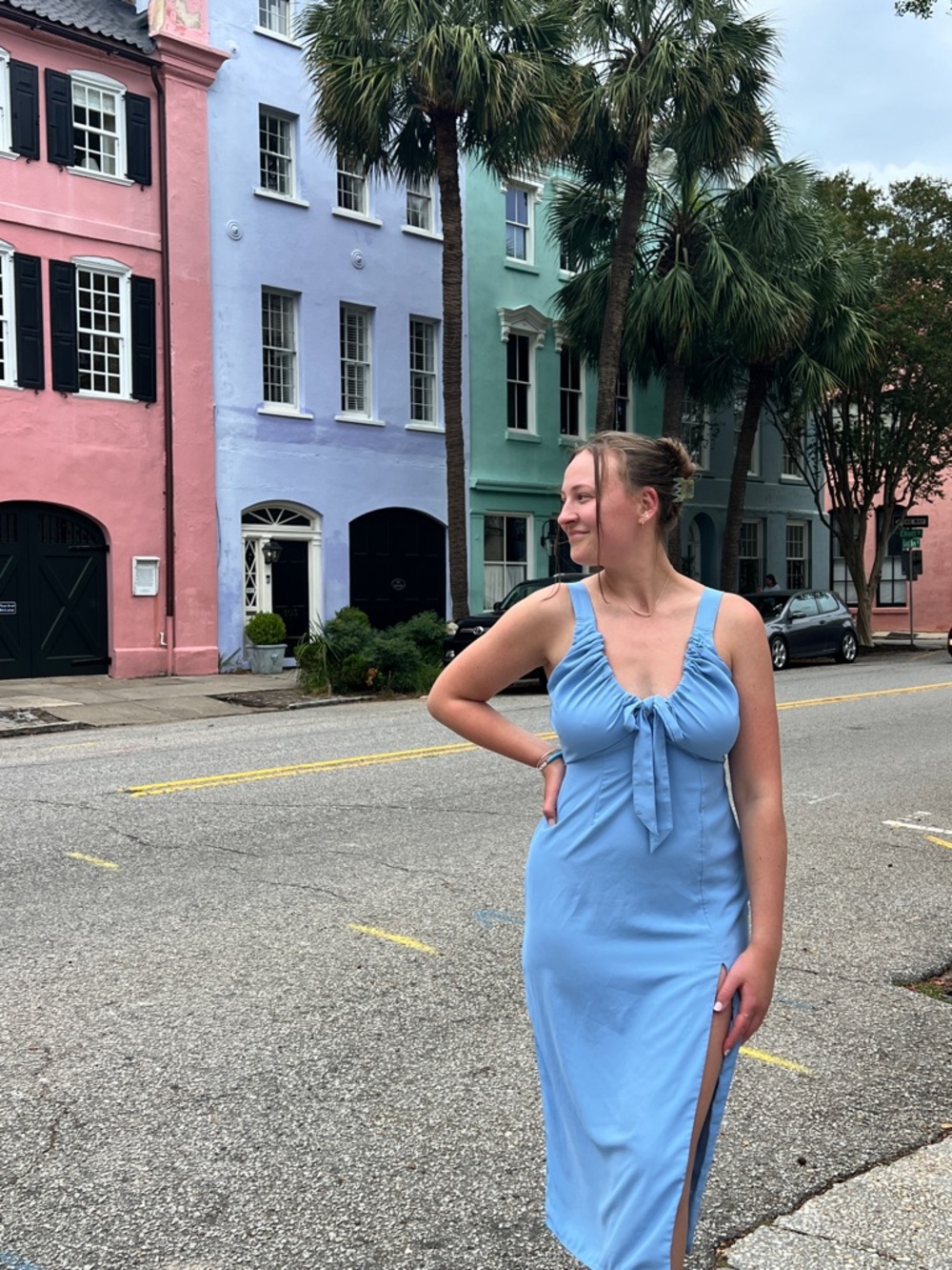 Abercrombie & Fitch Sky Blue Tie-Front Midi Dress with Slit